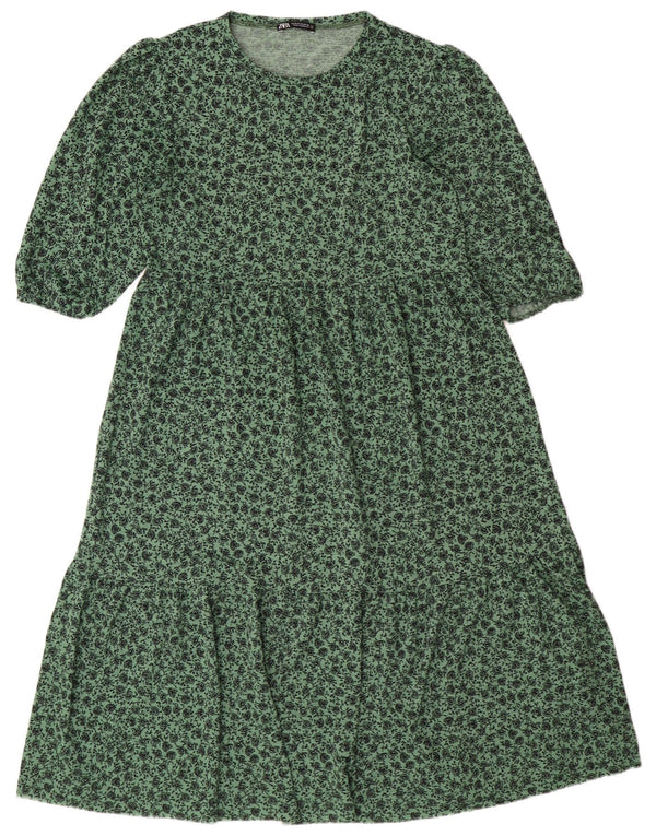 ZARA Damen A-Linien-Kleid UK 14 Mittelgrünes Blumenmuster aus Polyester