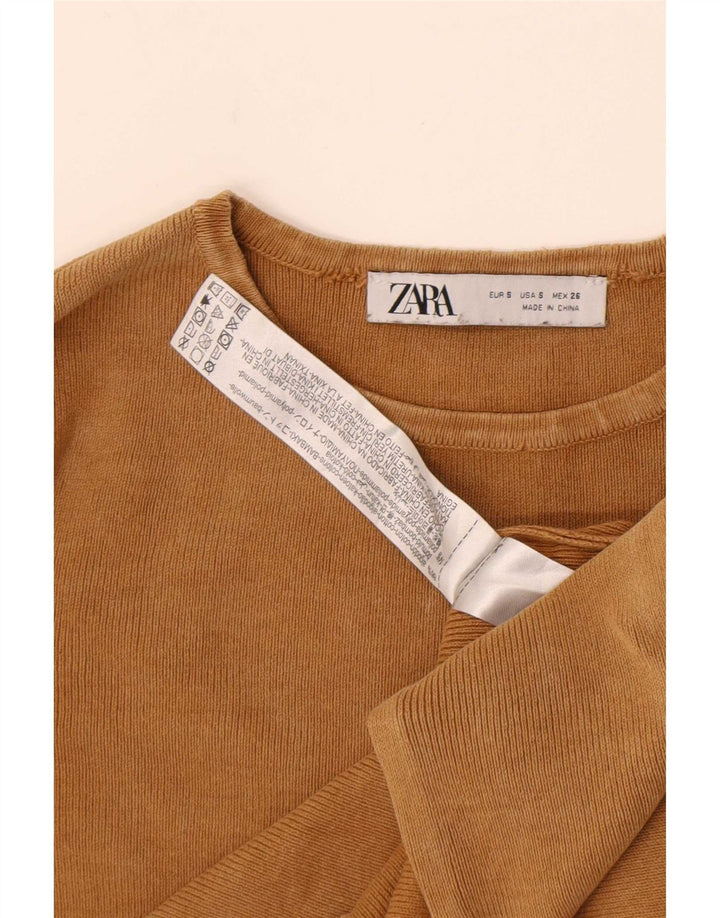 Zara Damen Crop Top Langarm UK 8 Small Beige Baumwolle