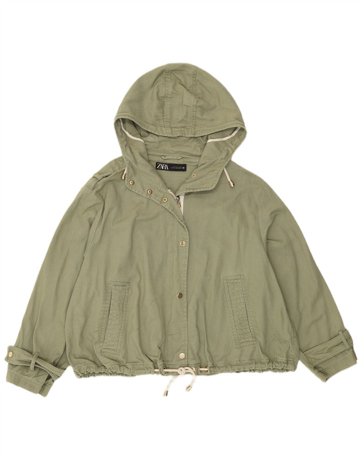 ZARA Damen-Bomberjacke, übergroß, kurz geschnitten, mit Kapuze, UK 14, mittlere Khaki-Baumwolle