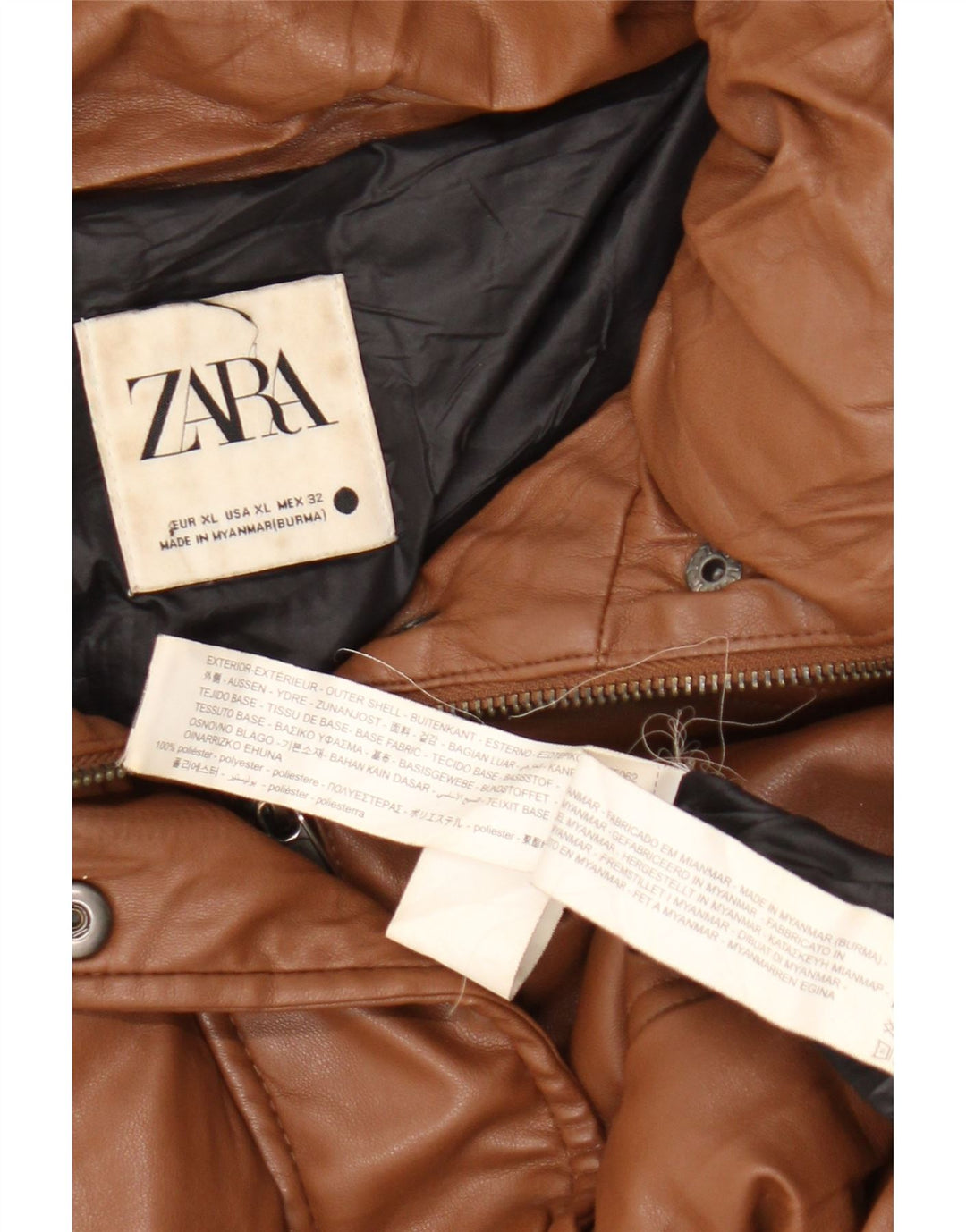 Zara Damen Übergroße gepolsterte Kunstlederjacke UK 18 XL Braunes Polyester