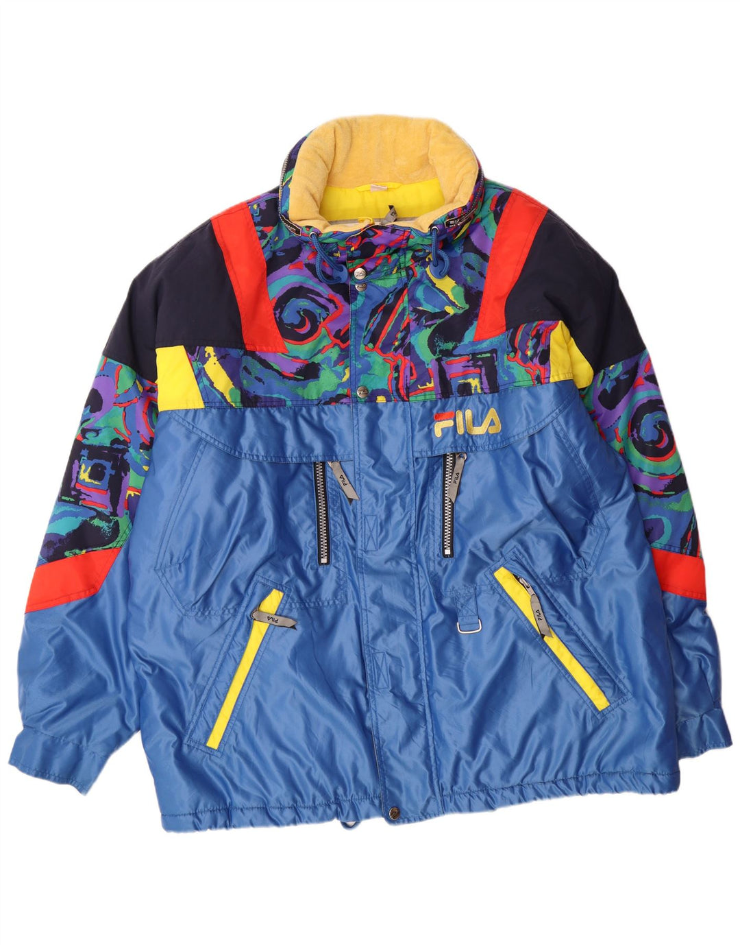 FILA Herren-Skijacke mit grafischer Kapuze, IT 58 3XL, blaues Colourblock-Polyamid