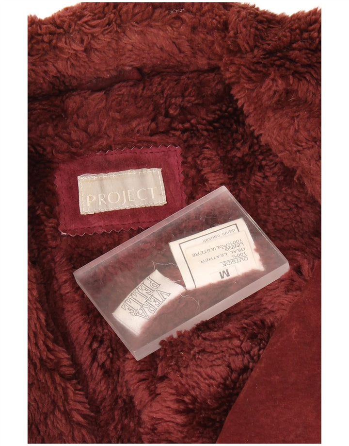 VINTAGE Damen Sherpa Wildlederjacke UK 14 Medium Burgunder Leder