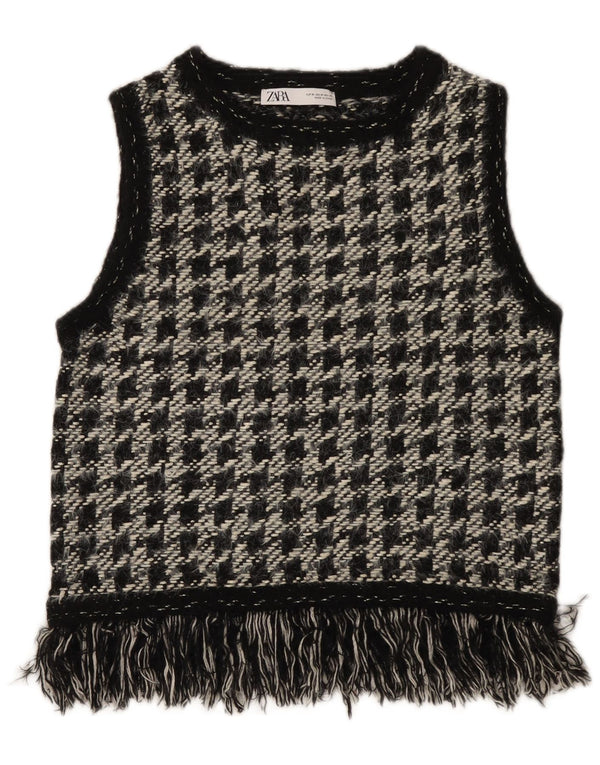 Zara Damen Weste Tank Top UK 12 Medium Schwarz Hahnentritt Polyester