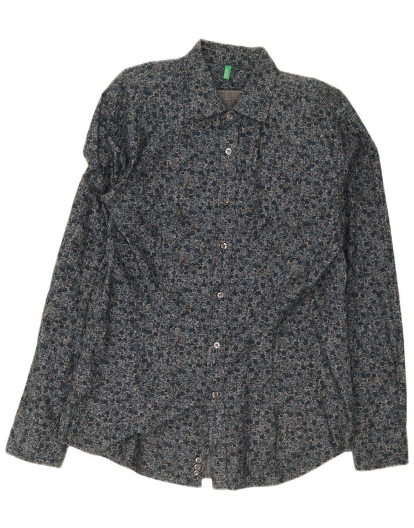 Benetton Herrenhemd XL Marineblau mit Blumenmuster aus Baumwolle