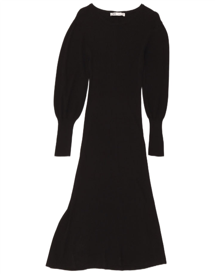 ZARA Damen Langarm-Maxikleid UK 12 Mittelschwarze Viskose