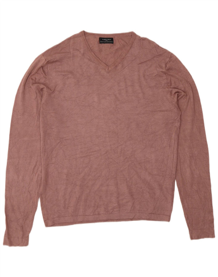 Zara Herren-Pullover mit V-Ausschnitt, XL, rosa Viskose