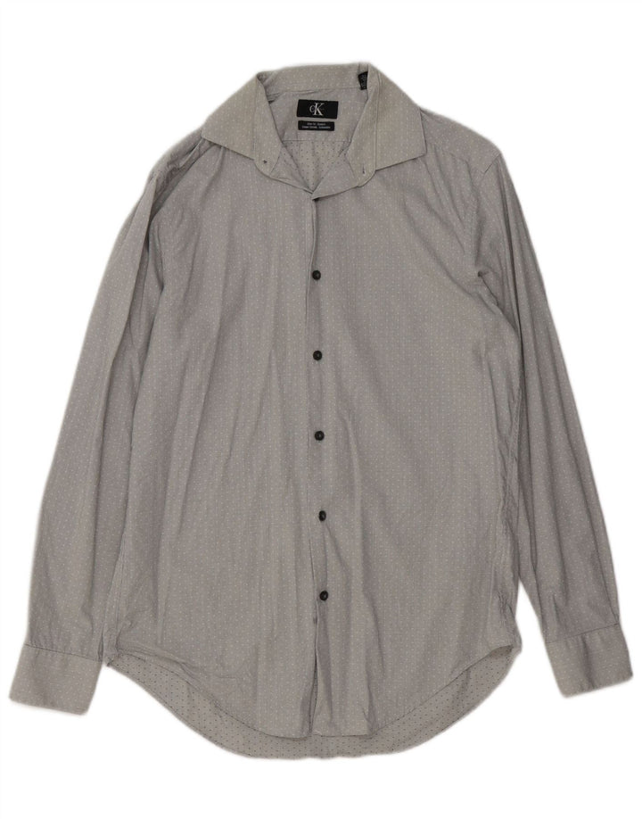 CALVIN KLEIN Herren Slim Fit Hemd Größe 15 Mittelgrau gefleckte Baumwolle
