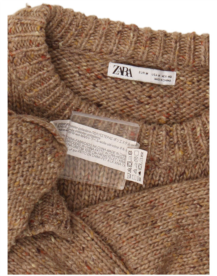 Zara Damen-Pullover mit Rundhalsausschnitt, UK 14, mittelbraun geflecktes Polyester