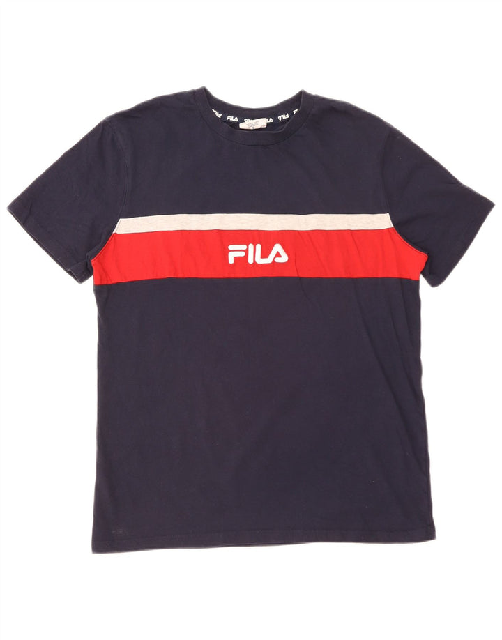 Fila Herren Grafik-T-Shirt-Oberteil aus mittelblauer, marineblauer Colourblock-Baumwolle