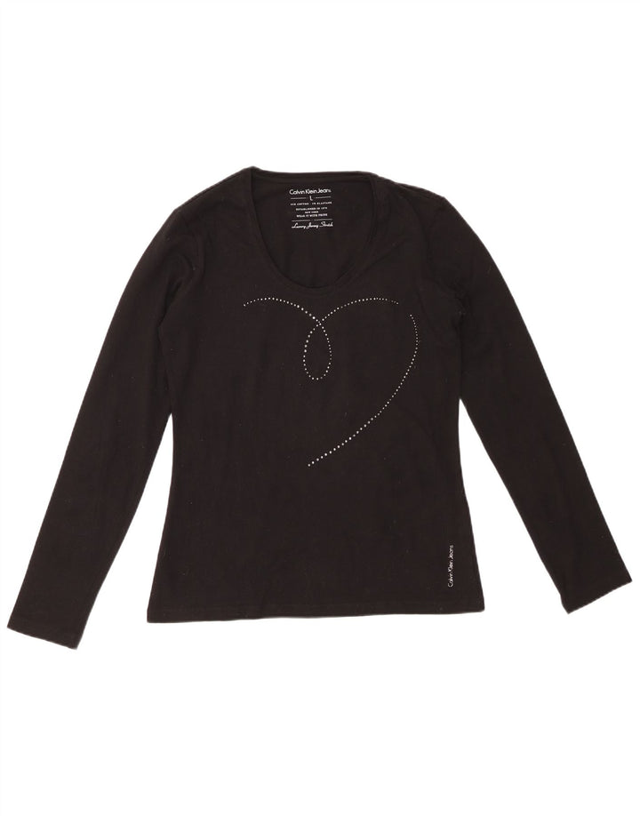 CALVIN KLEIN JEANS Damen Grafik-Top Langarm UK 14 Große schwarze Baumwolle