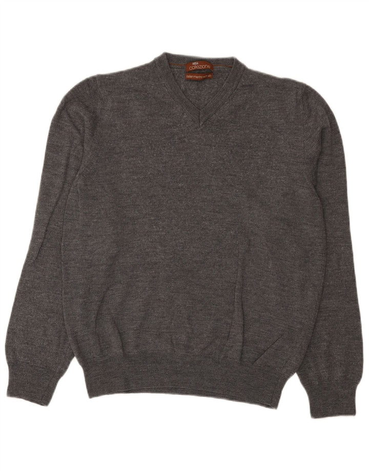 Marks & Spencer Herren-Pullover mit V-Ausschnitt aus mittelgrauer Merinowolle