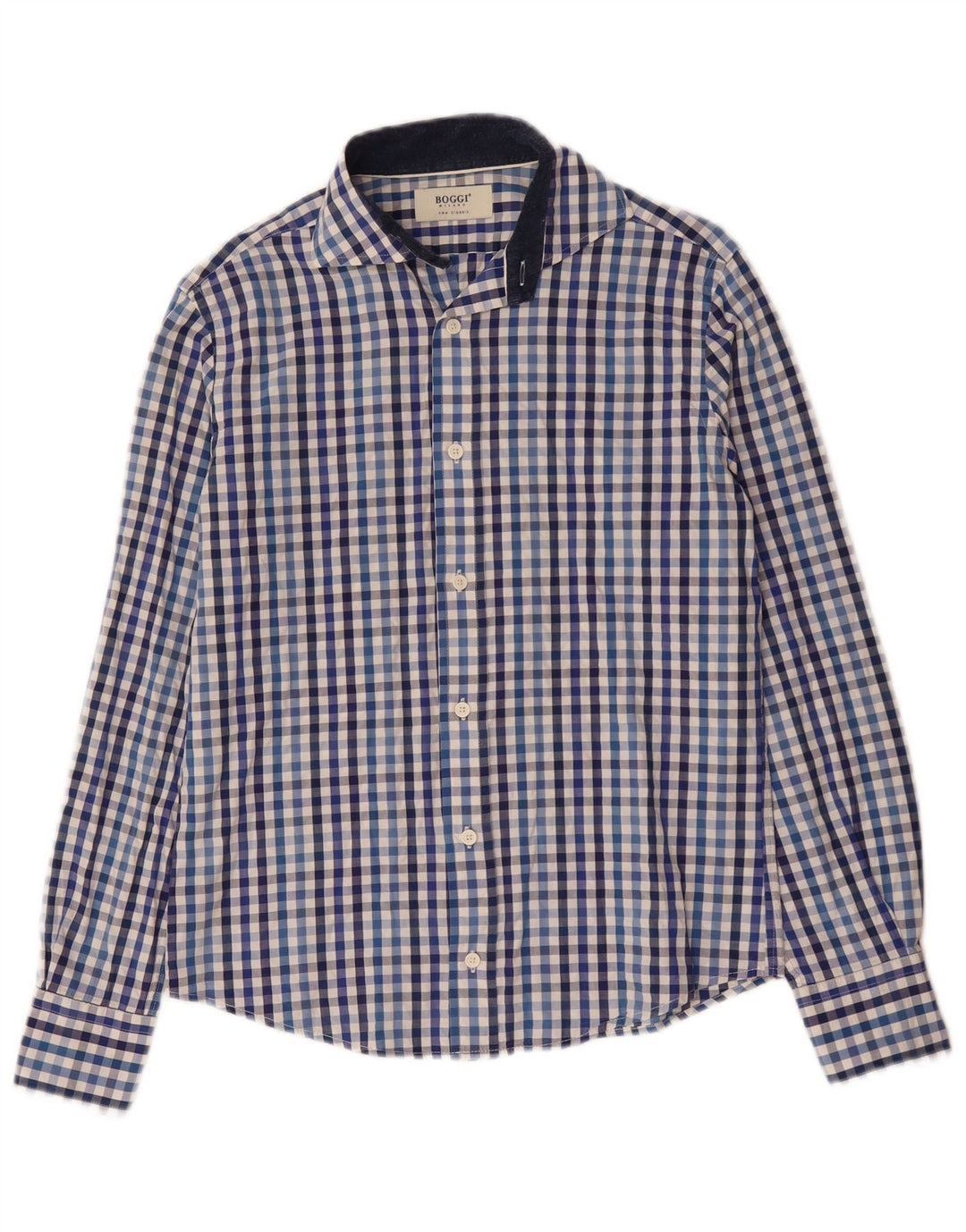 Boggi Herren-Milano-Hemd, kleine blaue Gingham-Baumwolle