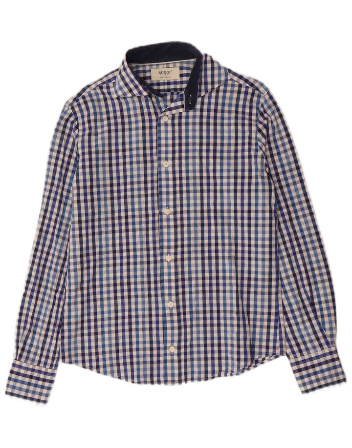 Boggi Herren-Milano-Hemd, kleine blaue Gingham-Baumwolle