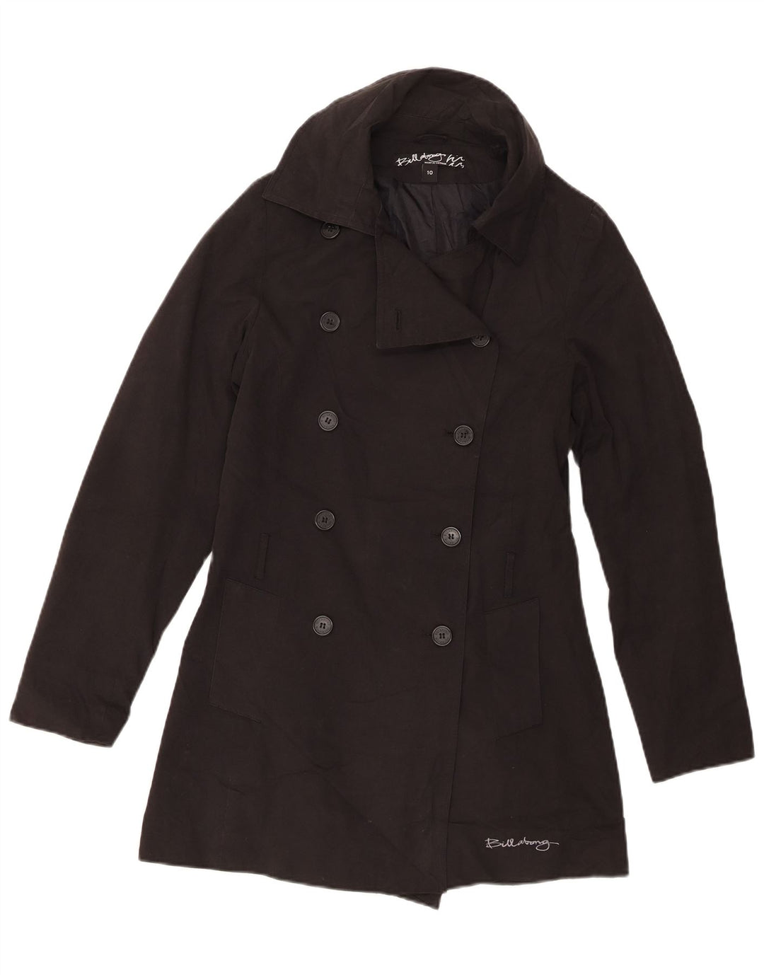 Billabong Damen Zweireihiger Mantel UK 10 Small Schwarze Baumwolle