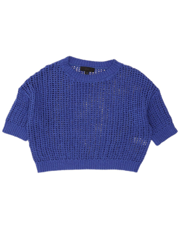 Zara Damen Übergroßes durchsichtiges Strick-Crop-Top UK 10 Small Blaue Baumwolle