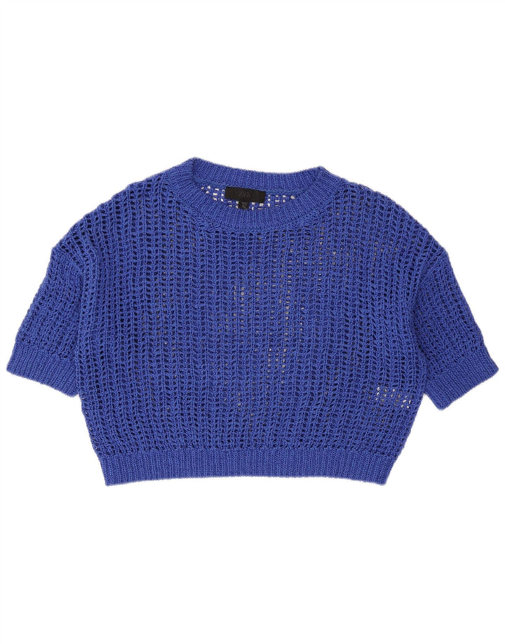 Zara Damen Übergroßes durchsichtiges Strick-Crop-Top UK 10 Small Blaue Baumwolle
