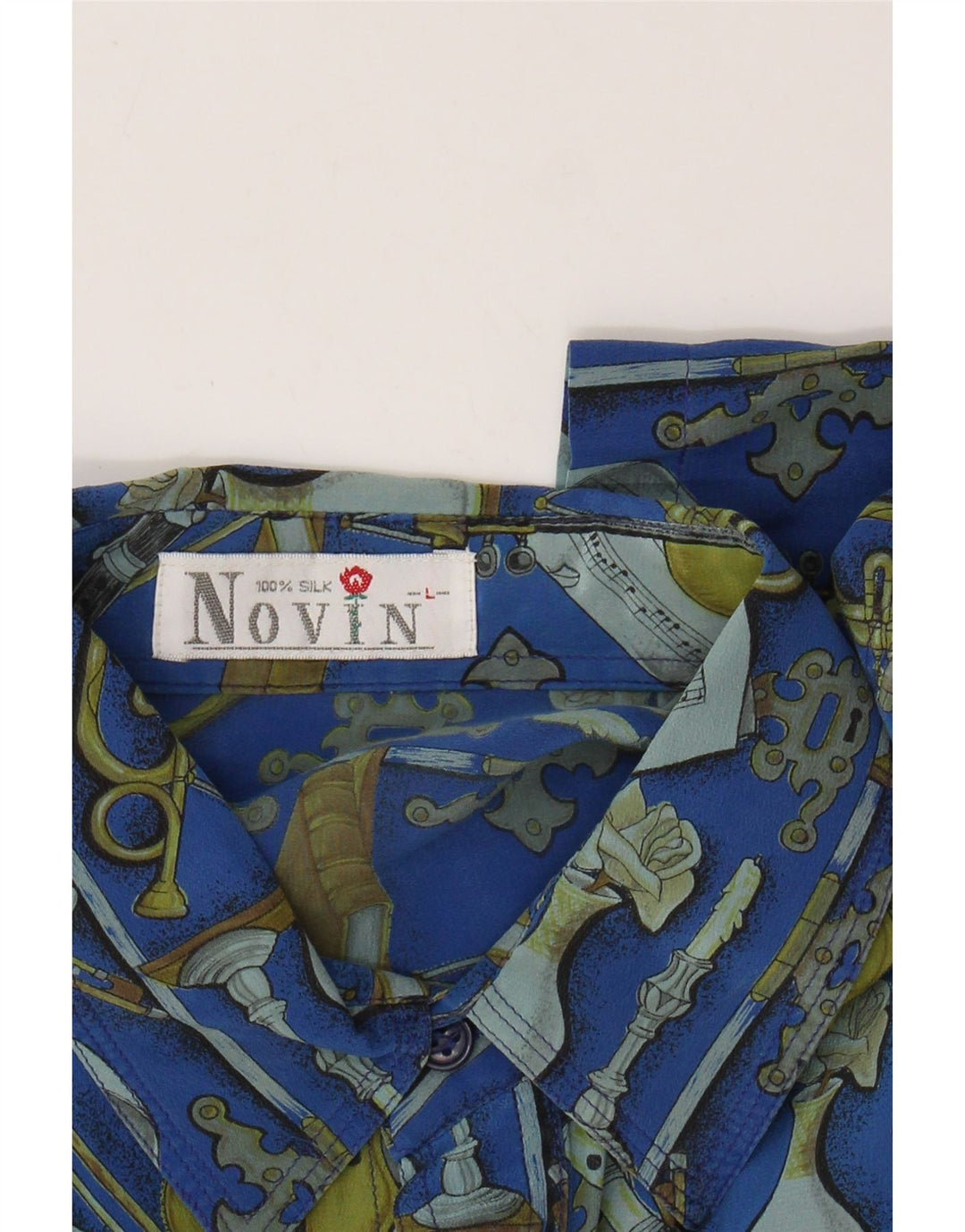 VINTAGE Herren-Kurzarmhemd mit abstraktem Muster, große blaue Seide