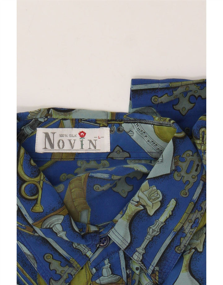 VINTAGE Herren-Kurzarmhemd mit abstraktem Muster, große blaue Seide