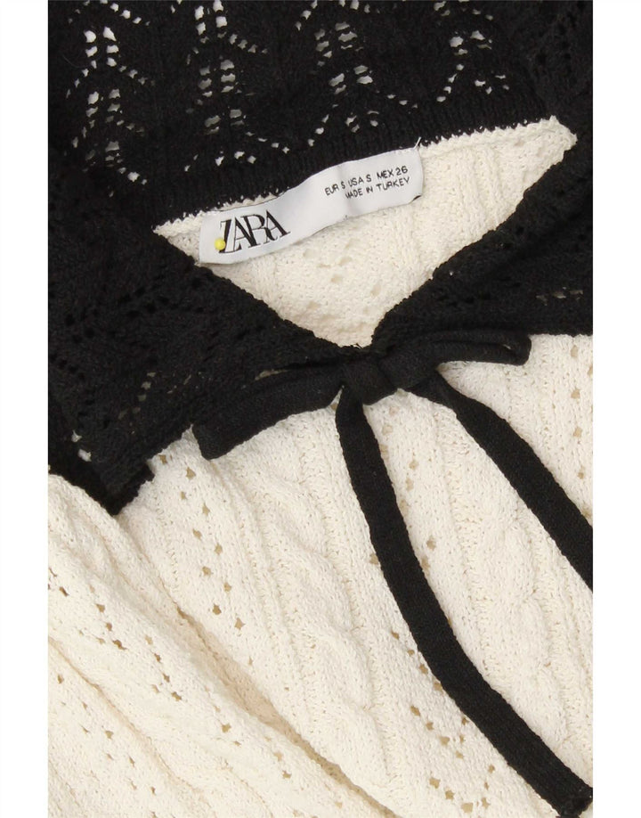 Zara Damen Crop Knit Bluse Top UK 10 Small Weiß Colourblock