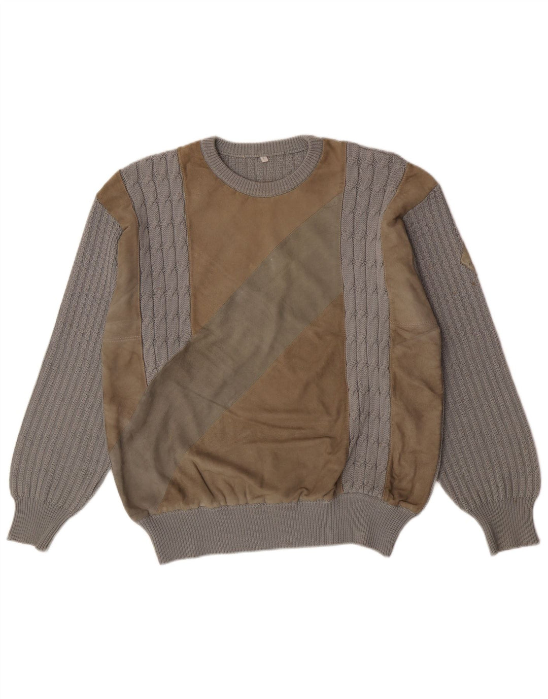 Vintage Herren-Pullover mit Rundhalsausschnitt, große graue Colourblock-Wolle