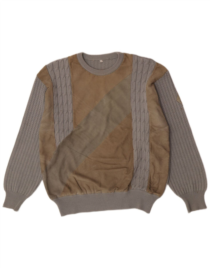 Vintage Herren-Pullover mit Rundhalsausschnitt, große graue Colourblock-Wolle