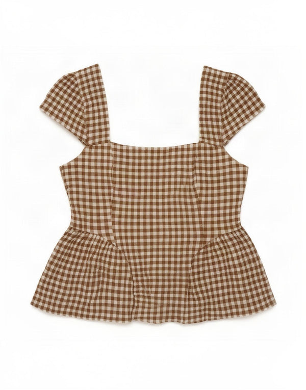 Marks & Spencer Damen-Blusenoberteil, UK 12, mittelbeigefarbene Gingham-Baumwolle