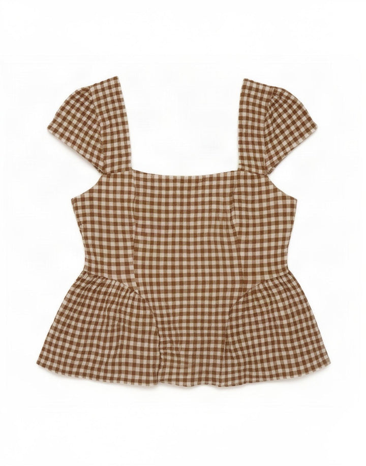 Marks & Spencer Damen-Blusenoberteil, UK 12, mittelbeigefarbene Gingham-Baumwolle