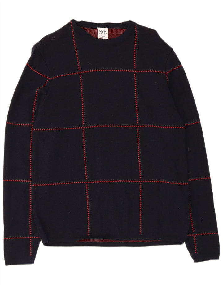 Zara Herren-Pullover mit Rundhalsausschnitt, mittlere marineblaue Karo-Baumwolle