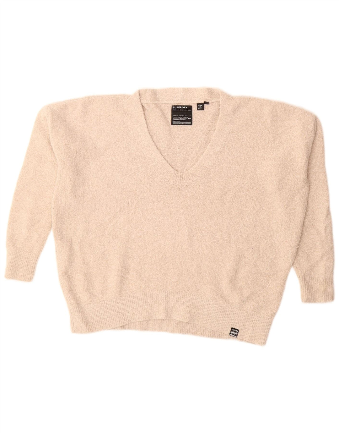 SUPERDRY Damen-Pullover mit V-Ausschnitt, übergroß, Gr. 10, Größe S, Beige, Acryl