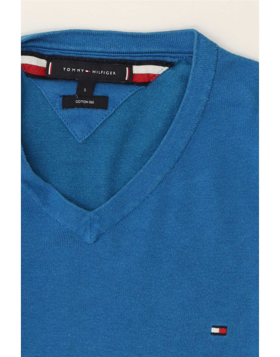 Tommy Hilfiger Herren-Pullover mit V-Ausschnitt, Größe S, blaue Baumwolle