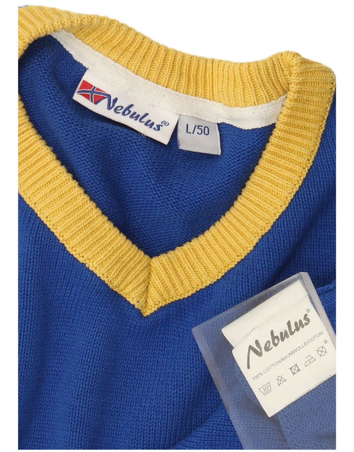 NEBULUS Herren-Pullover mit grafischem V-Ausschnitt, groß, aus blauer Baumwolle