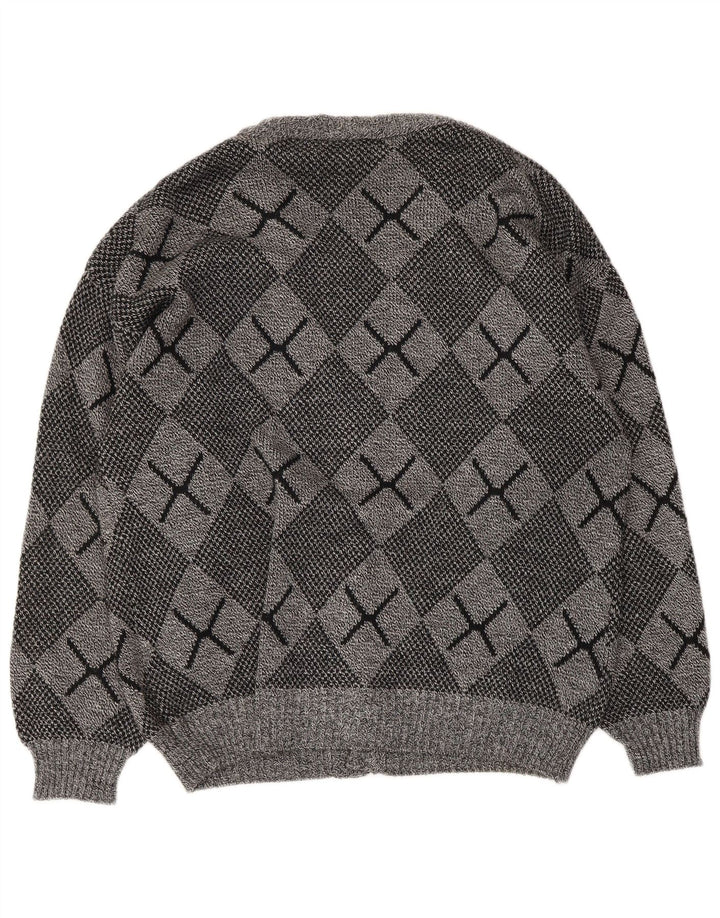 Vintage Herren Cardigan Pullover Groß Grau Argyle/Diamant Acryl