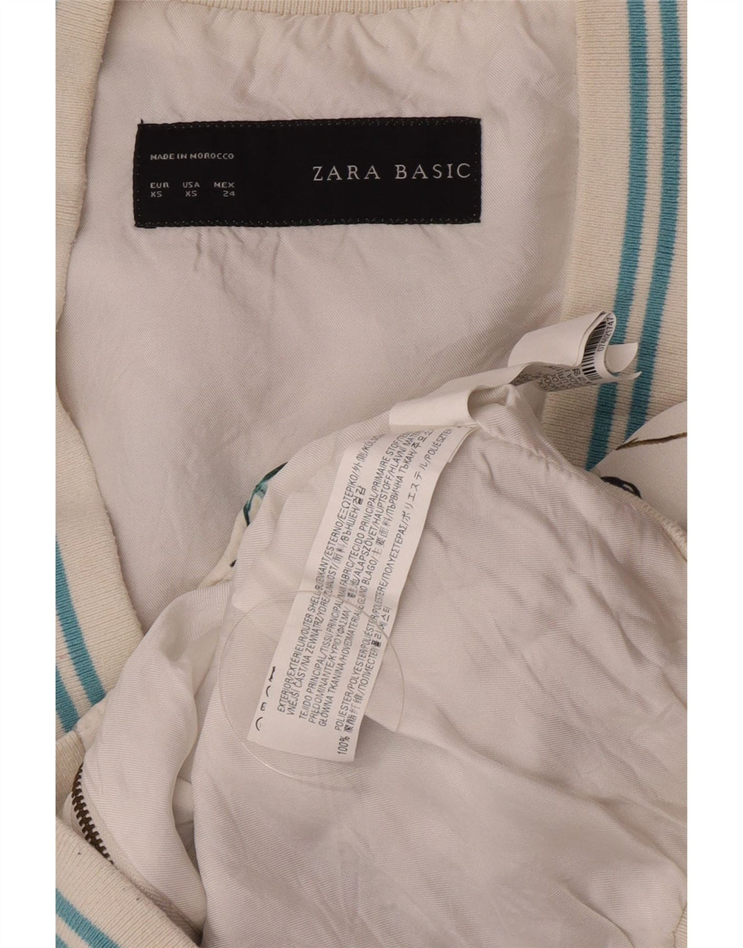 Grafische Bomberjacke für Damen von Zara, UK 6, XS, weißes, geblümtes Polyester