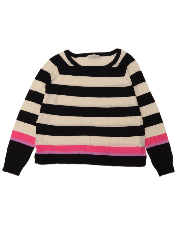 Zara Damen-Pullover mit U-Boot-Ausschnitt, UK 14, mittelweiß gestreifte Viskose