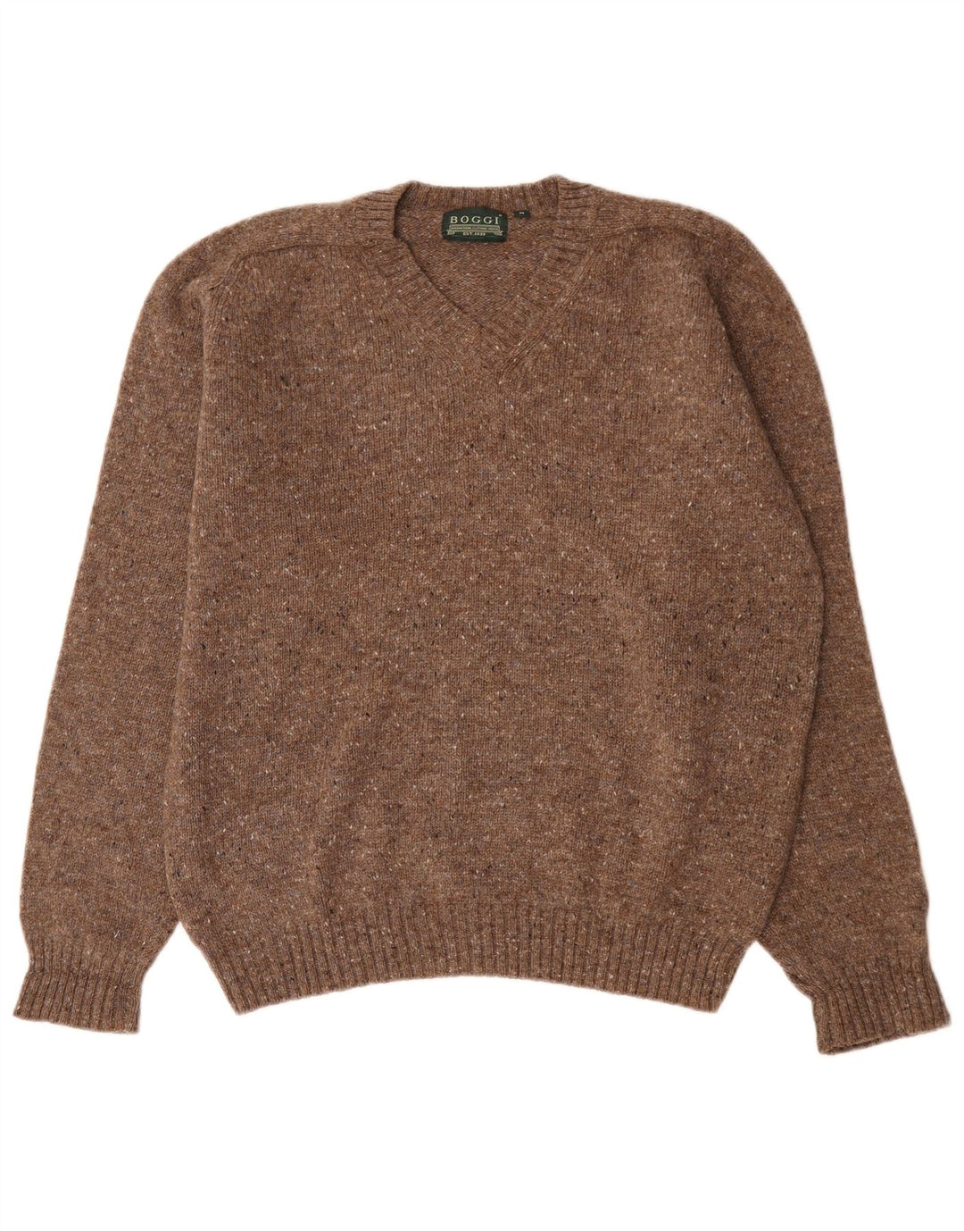 Boggi Herren-Pullover mit V-Ausschnitt, mittelbraun gefleckte Schurwolle