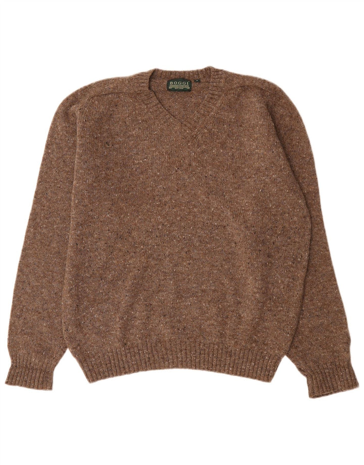 Boggi Herren-Pullover mit V-Ausschnitt, mittelbraun gefleckte Schurwolle