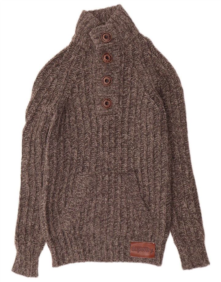 Superdry Herren-Pullover mit Knopfkragen, Größe S, graue Wolle