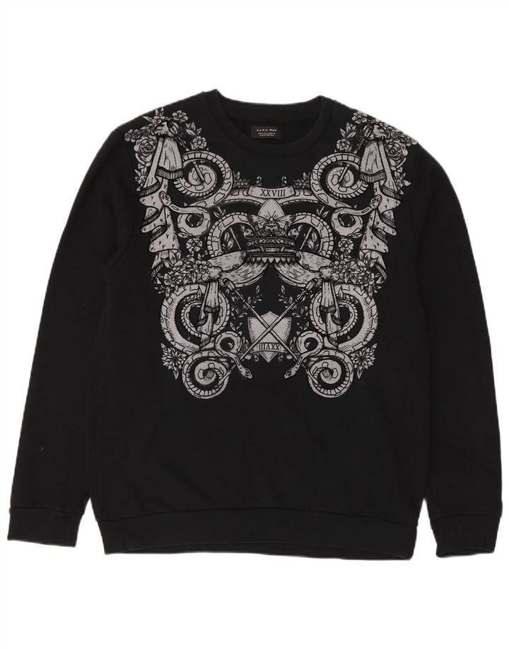 Zara Herren-Sweatshirt mit Grafik, groß, aus schwarzer Baumwolle