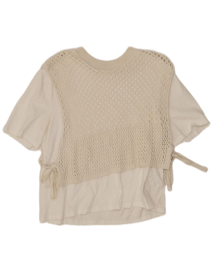 Zara Damen Crop Crochet Bluse Top UK 14 Medium Off White Cotton