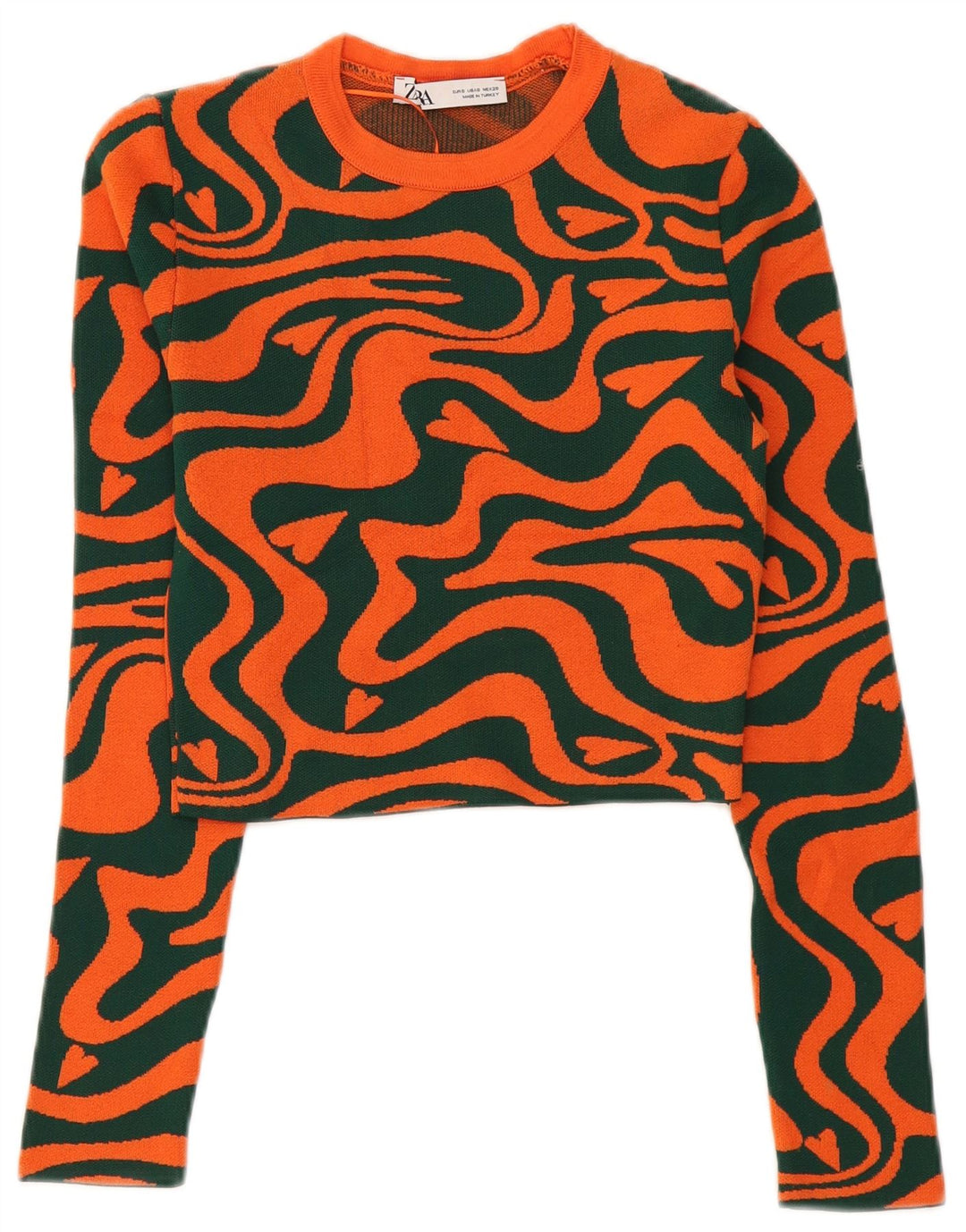 Zara Womens Abstract Pattern Crop Top Langarm UK 8 Small Orange