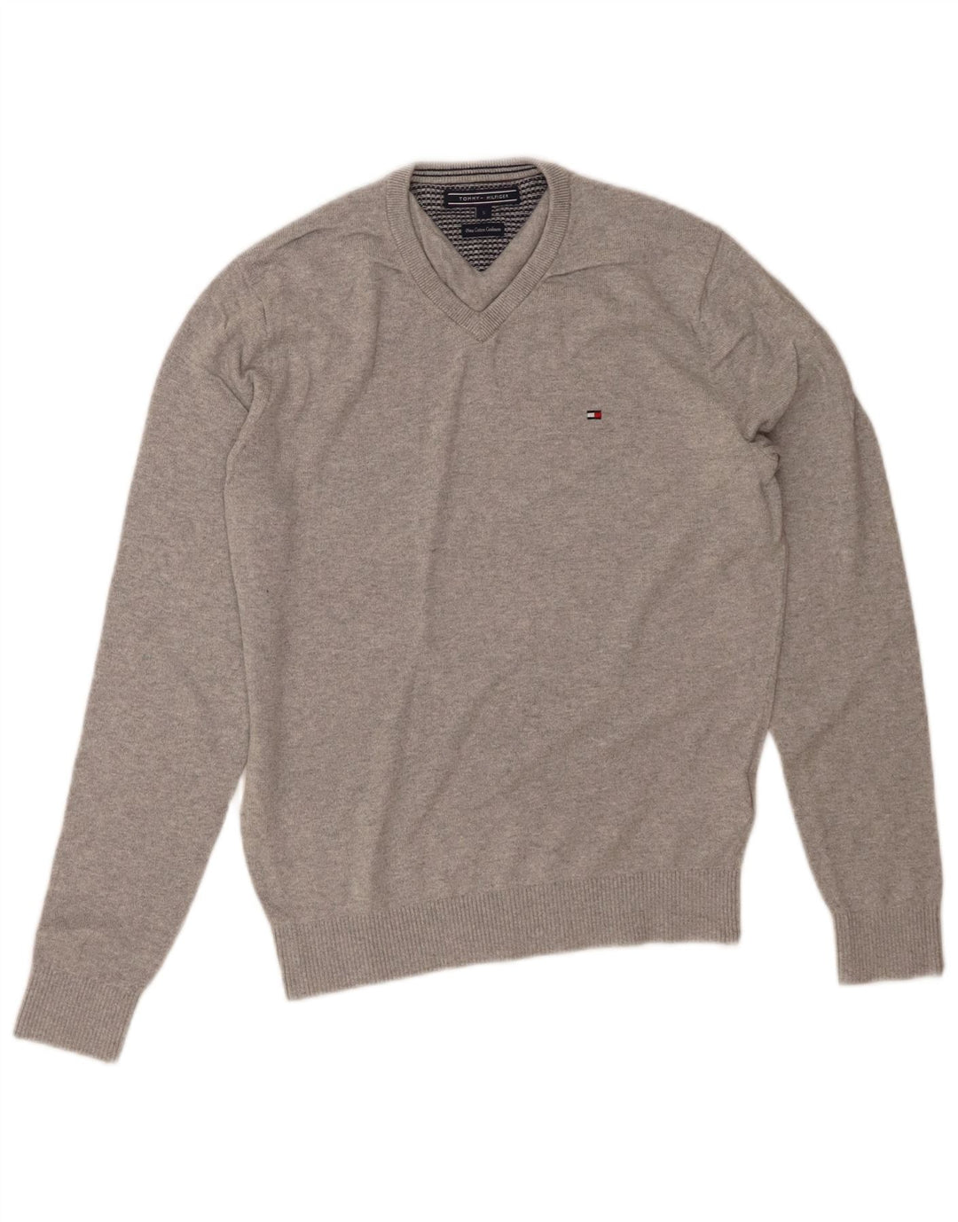 TOMMY HILFIGER Mens V-Neck Jumper Sweater Small Grey Cotton