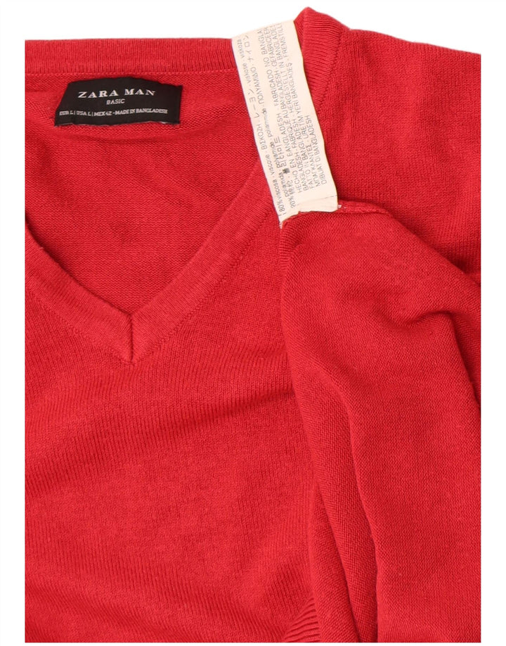 Zara Herren-Pullover mit V-Ausschnitt, groß, rote Viskose