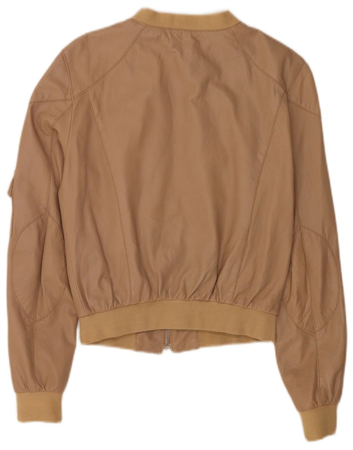 Forpen Damen Crop Leder Bomberjacke UK 10 Small Beige