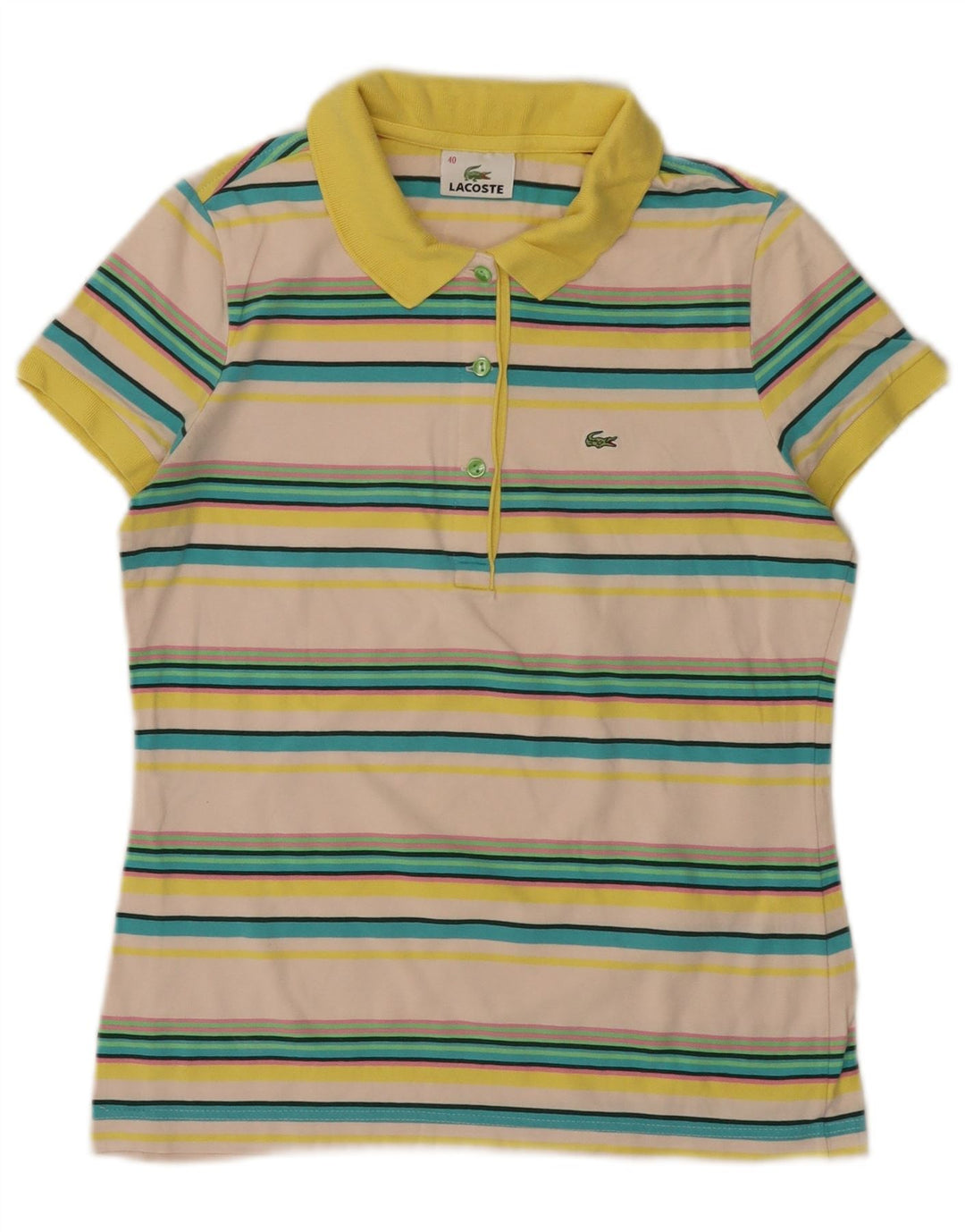 LACOSTE Damen-Poloshirt, Größe 40, mittlere, cremefarbene, gestreifte Baumwolle