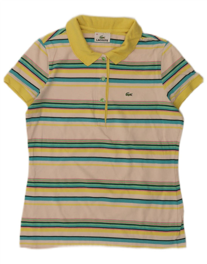 LACOSTE Damen-Poloshirt, Größe 40, mittlere, cremefarbene, gestreifte Baumwolle