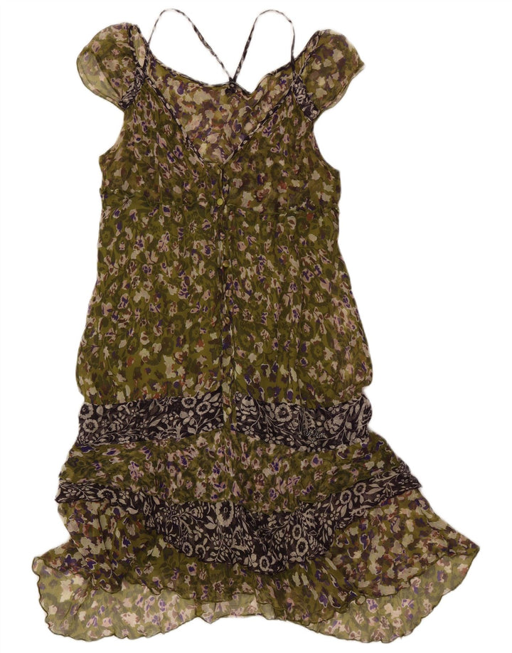 Liu Jo Ärmelloses, gestuftes Damenkleid IT 44 aus mittelgrüner, geblümter Seide