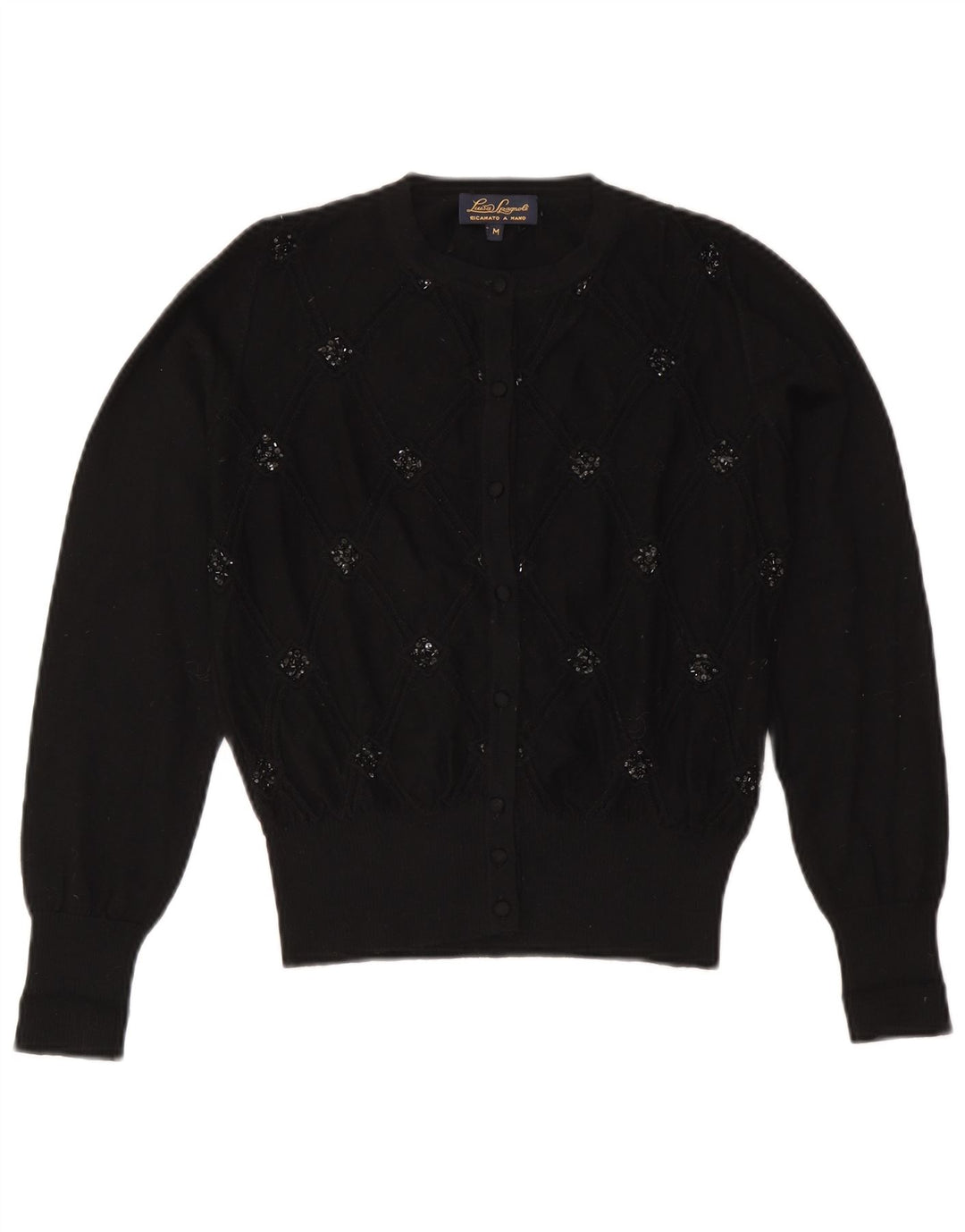 Luisa Spagnoli Damen Strickjacke Pullover UK 14 Mittelschwarze geometrische Wolle