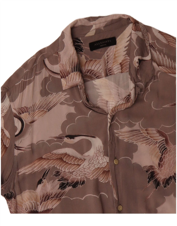 All Saints Herren-Kurzarmhemd Mittelgrauer Viskose-Vogel mit Animal-Print