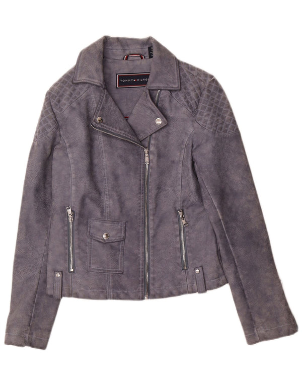 Tommy Hilfiger Damen Kunstleder Bikerjacke UK 10 Small Grau
