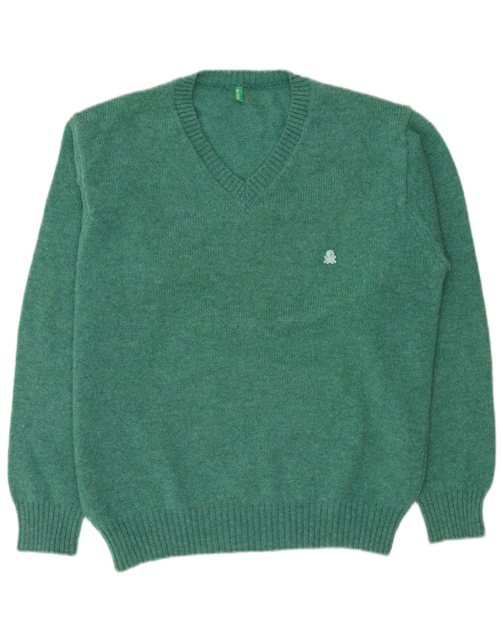 Benetton Herren-Pullover mit V-Ausschnitt, große grüne Wolle